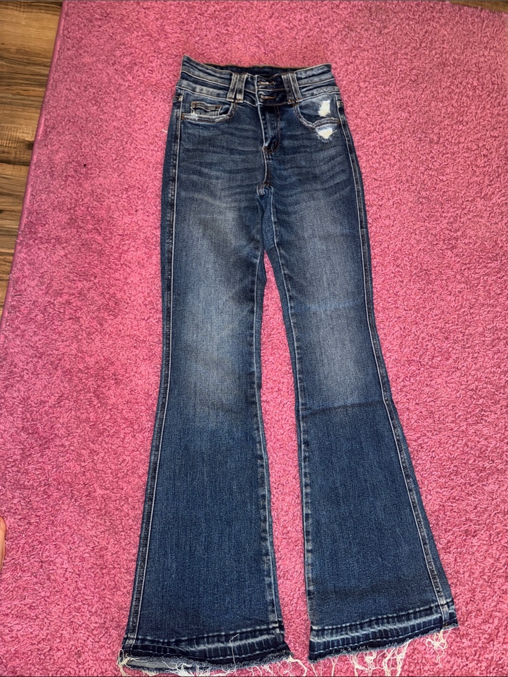 Flying Monkey Dark Blue High-Rise Flare Jeans with Frayed Hem